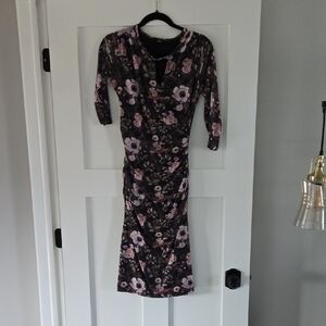 Betabrand Black and Purple Floral Long Sleeve Dress